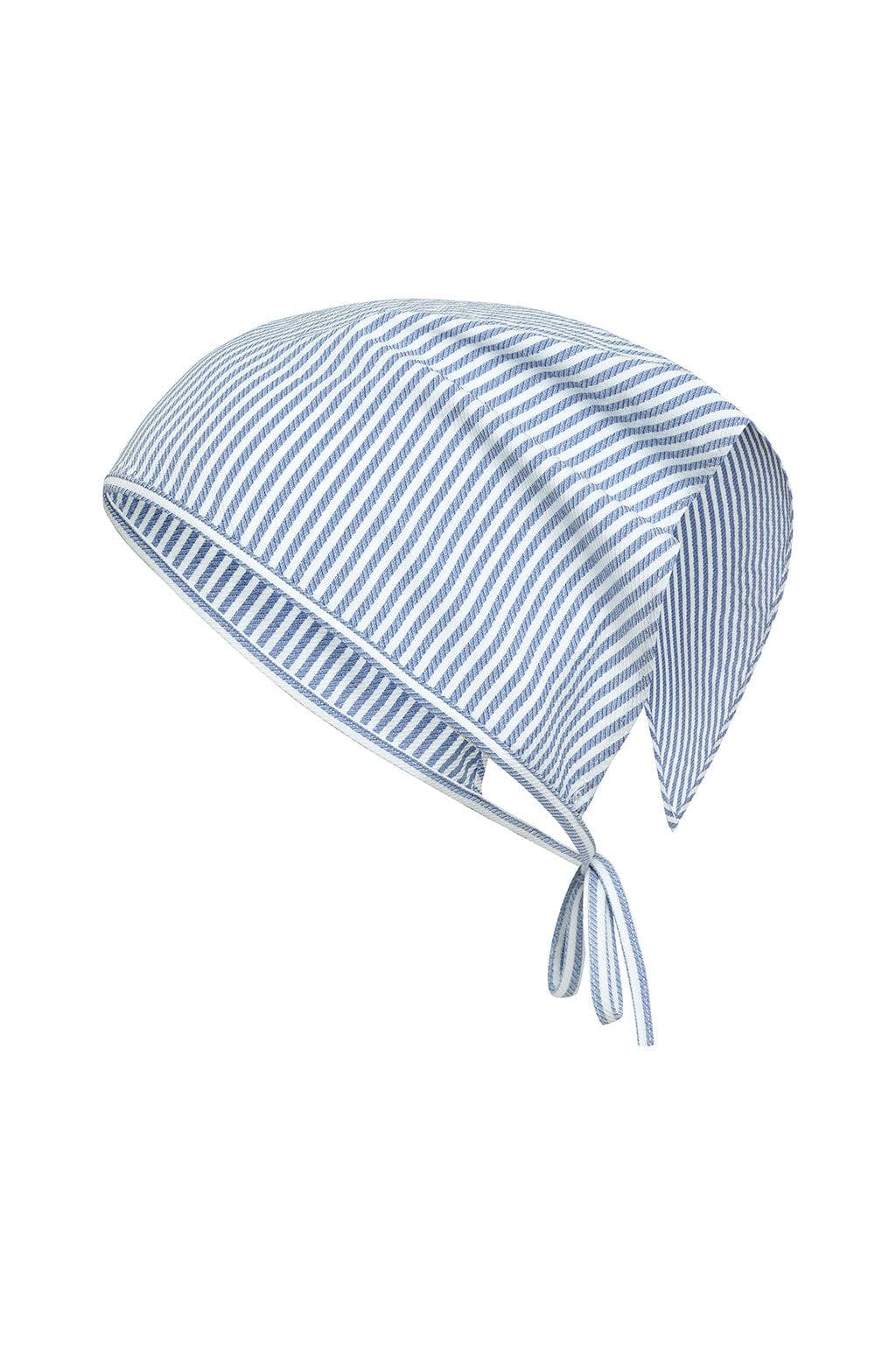 Blue and white striped scarf with tie-up closure and pointed ends.