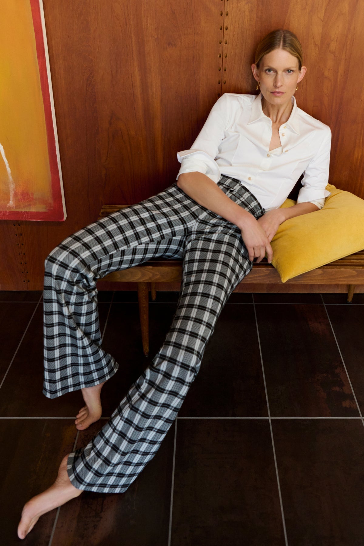 Front image of a woman wearing the horton pants in checkmate | Exclude