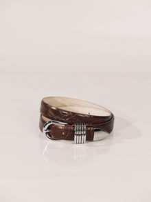 Hollyhock Leather Belt | Floral Embossed Mahogany & Silver