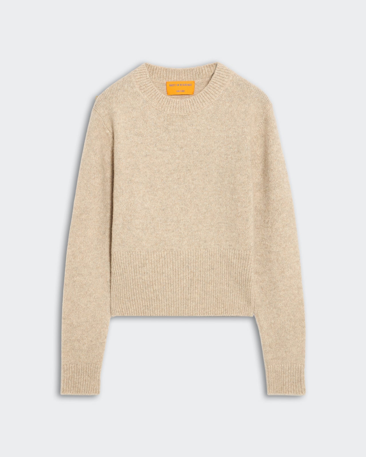 Mid-weight sandstone marled crew neck sweater with ribbed trim, hem, cuffs, and signature GIR branding at back neck
