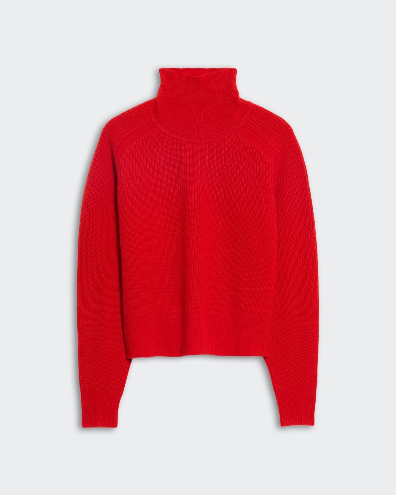 Cropped chili red ribbed cashmere turtleneck sweater with raglan armholes and relaxed fit