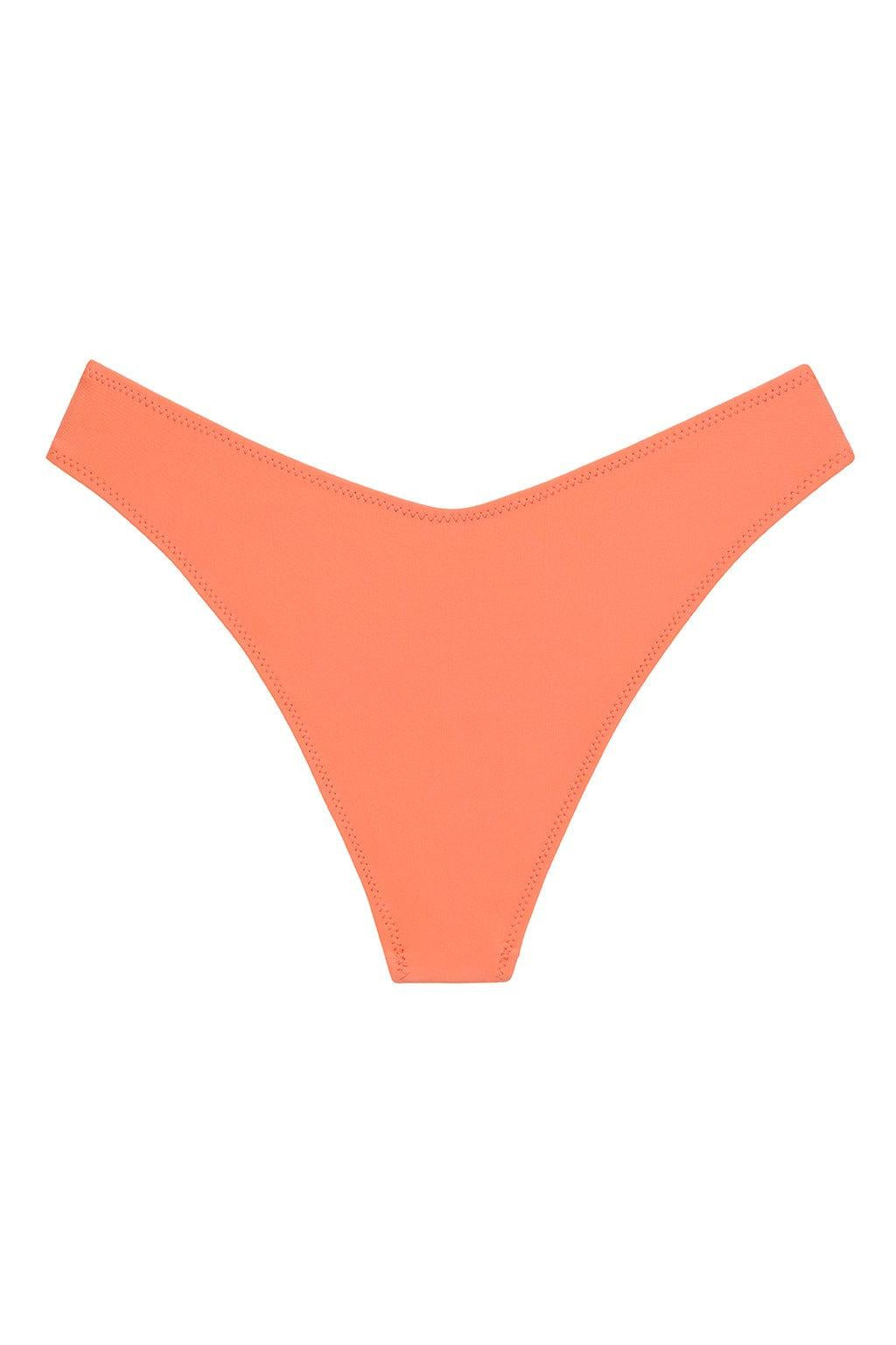 Coral bikini bottom with zig-zag stitching along edges and high-cut leg openings.