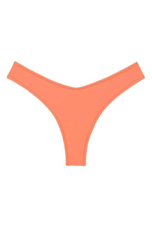 Coral bikini bottom with zig-zag stitching along edges and thong-style cut.