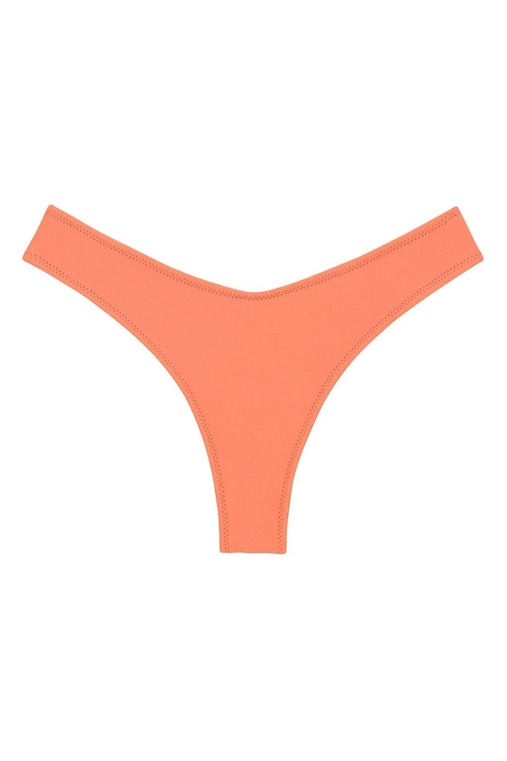 Coral bikini bottom with zig-zag stitching along edges and thong-style cut.