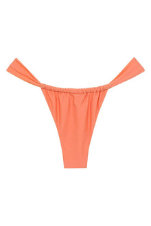 Coral bikini bottom with ruched waistband and tie-side straps.
