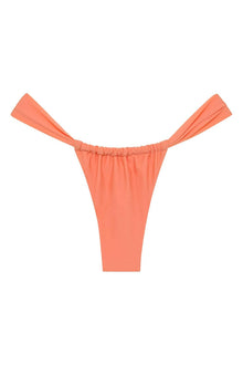Coral bikini bottom with ruched waistband and wide tie-side straps.