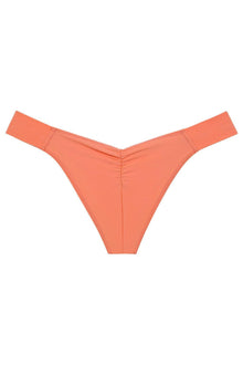 Coral bikini bottom with wide side straps and ruched center detail.