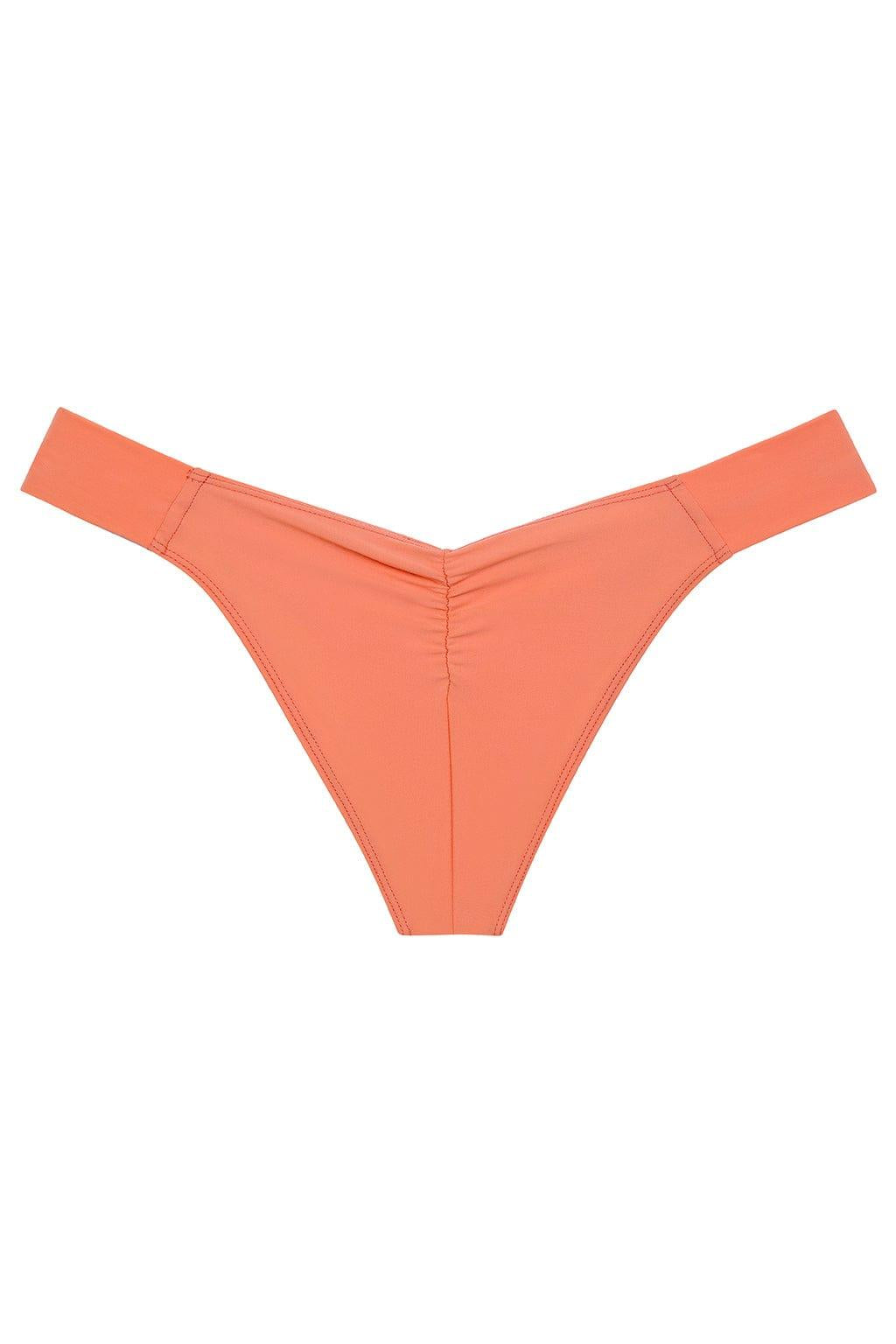 Coral bikini bottom with wide side straps and ruched center detail.