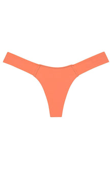 Coral bikini bottom with wide side straps and high-cut leg openings displayed flat against white background.