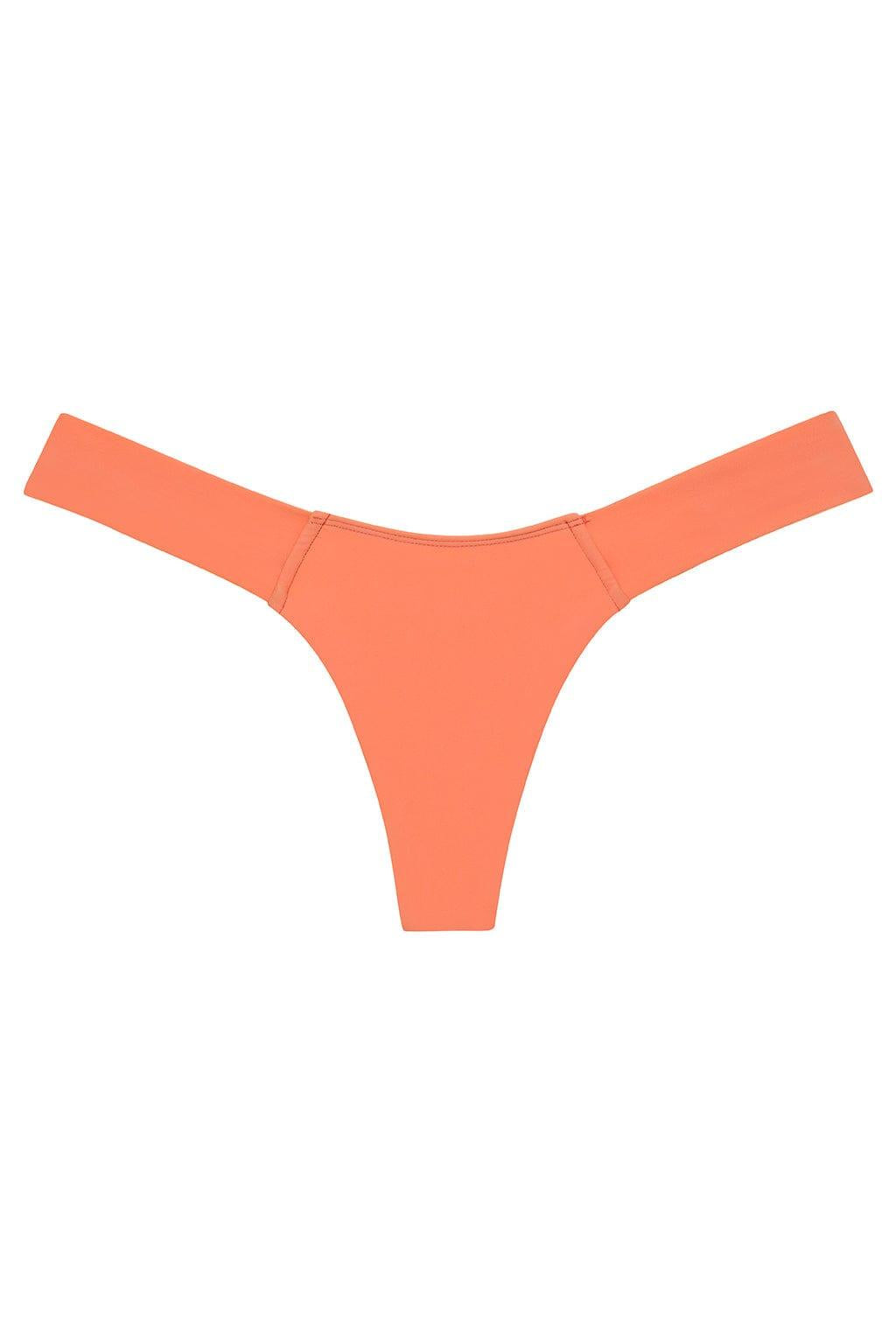 Coral bikini bottom with wide side straps and high-cut leg openings displayed flat against white background.