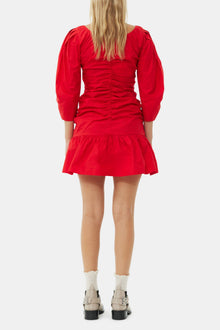Cotton Poplin Gathered U neck Mini Dress | Racing Red