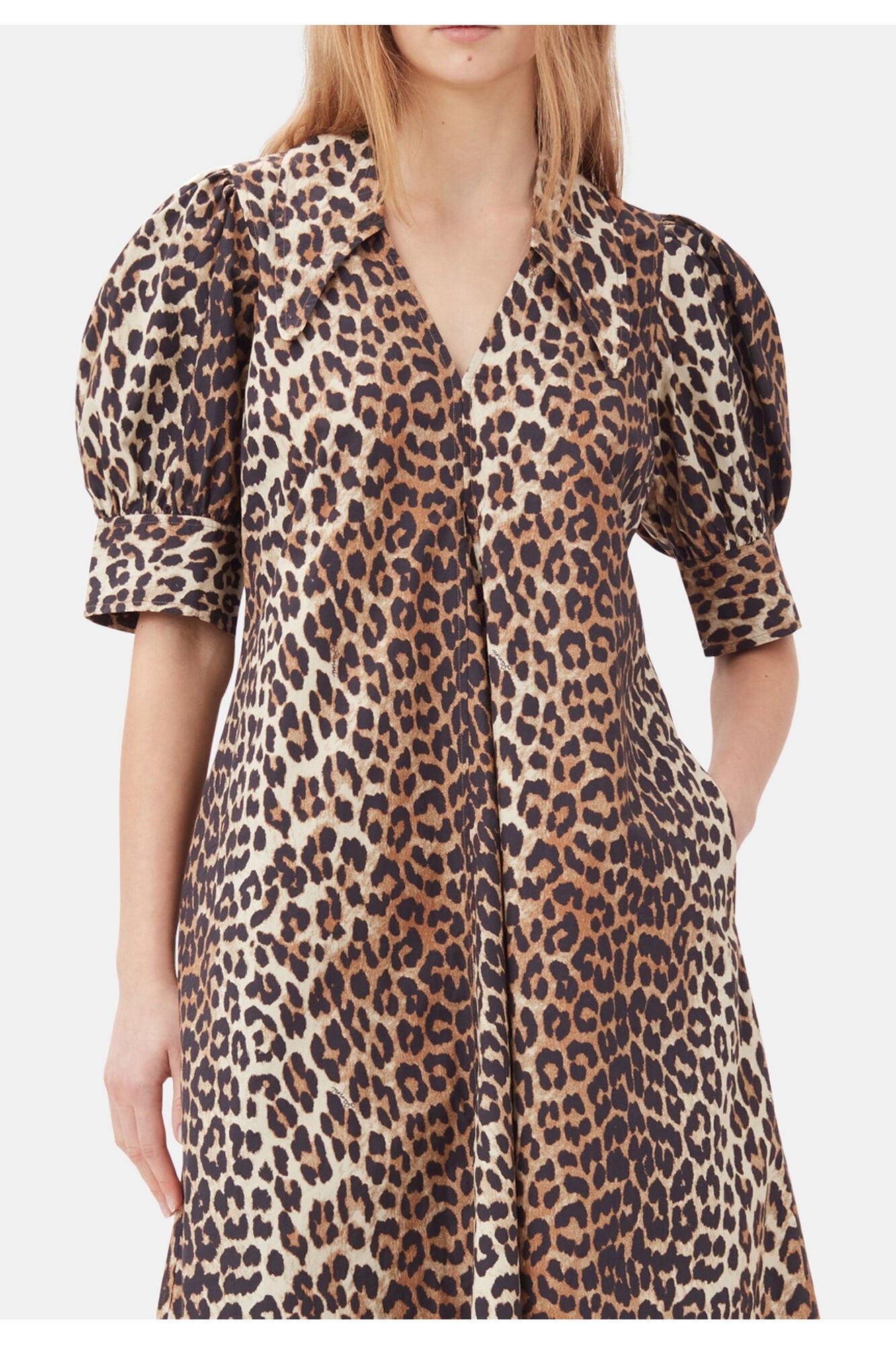 Cotton Poplin V neck Maxi Dress | Leopard