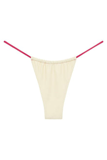Cream-colored bikini bottom with raspberry pink straps and ruched waistband.