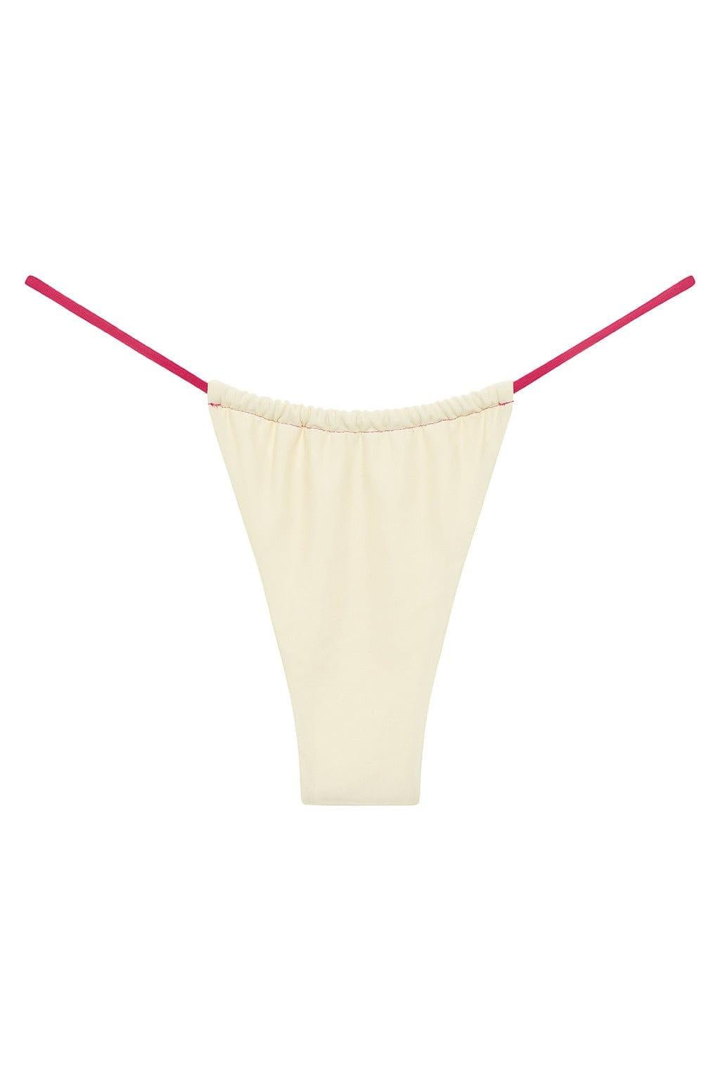 Cream-colored bikini bottom with raspberry pink straps and ruched waistband.