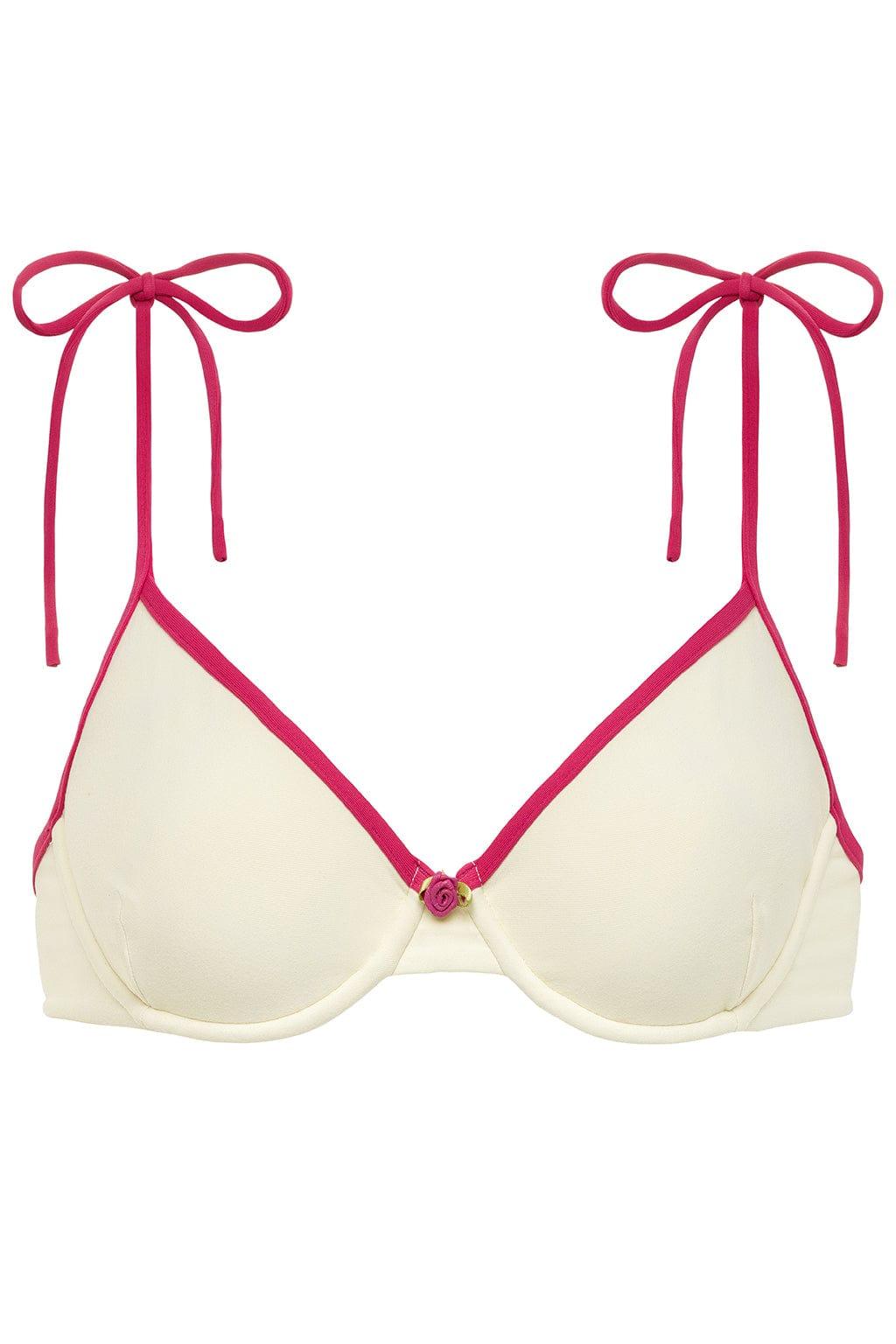 Cream bikini top with raspberry-pink binding and bow tie shoulder straps.