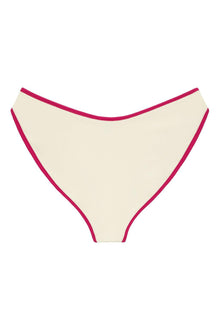 Cream bikini bottom with raspberry pink binding along the edges and leg openings.