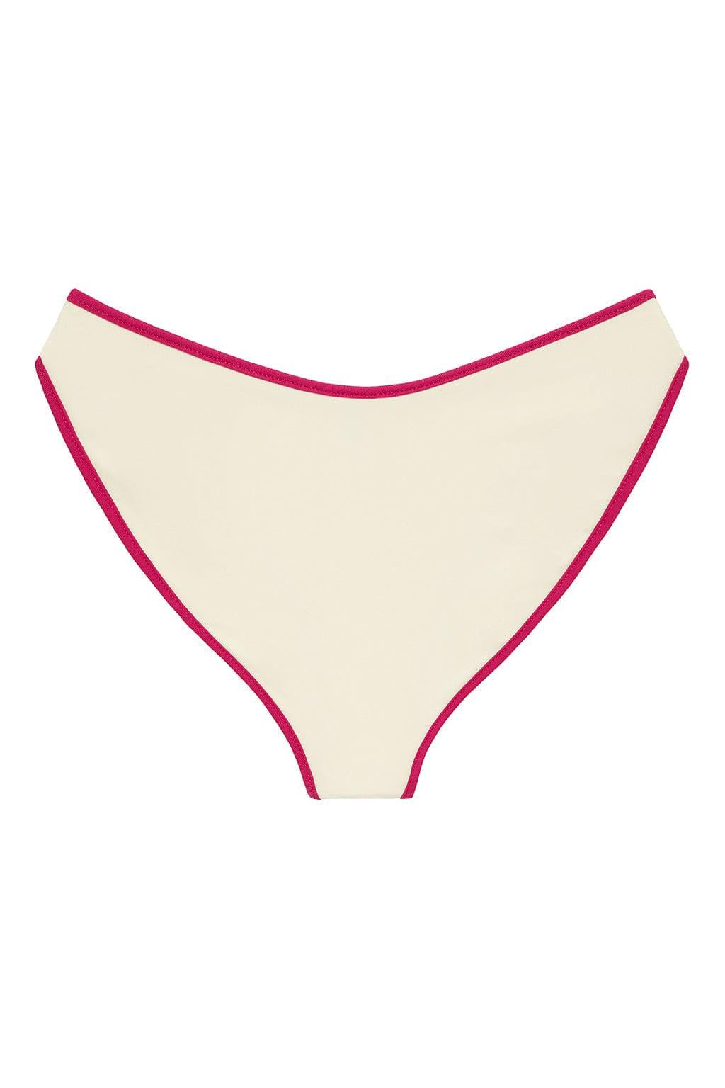 Cream bikini bottom with raspberry pink binding along the edges and leg openings.