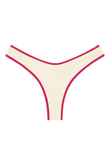 Cream bikini bottom with raspberry pink binding trim along the waistband and leg openings.
