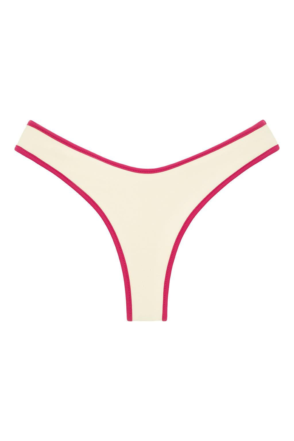 Cream bikini bottom with raspberry pink binding trim along the waistband and leg openings.