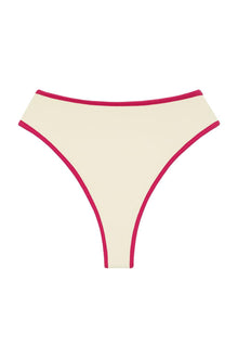 Cream bikini bottom with raspberry pink binding along the waistband and side edges.