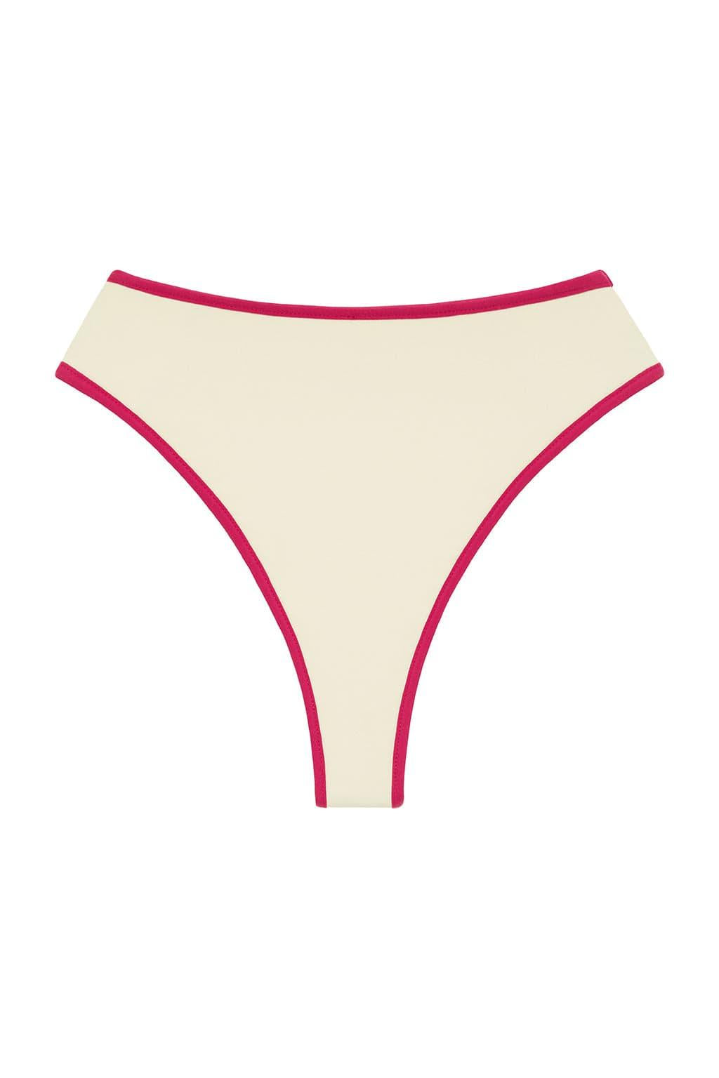 Cream bikini bottom with raspberry pink binding along the waistband and side edges.