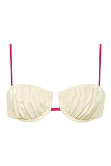 Cream bikini top with gathered petal-shaped cups, raspberry-pink binding straps and center detail.