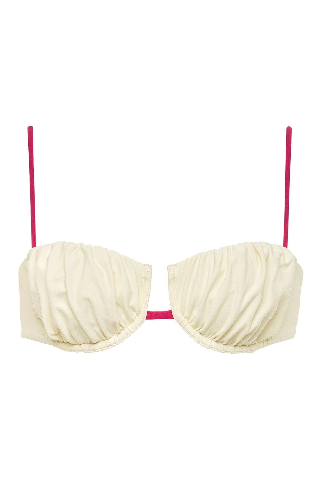 Cream bikini top with gathered petal-shaped cups, raspberry-pink binding straps and center detail.
