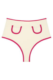 Cream bikini bottom with raspberry pink binding trim and U-shaped details on front.