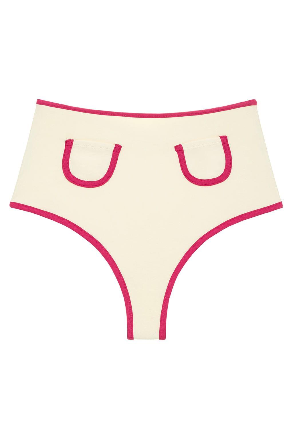 Cream bikini bottom with raspberry pink binding trim and U-shaped details on front.