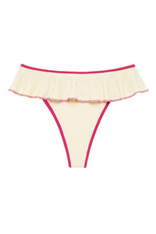 Cream bikini bottom with raspberry pink binding and ruffled trim across the front.