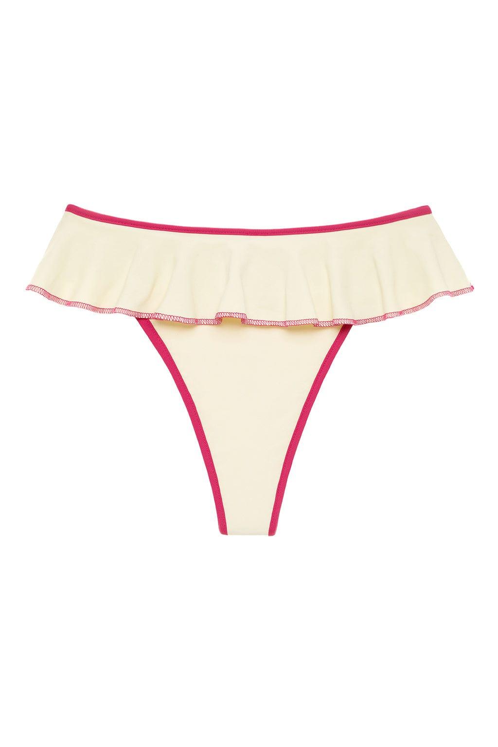 Cream bikini bottom with raspberry pink binding and ruffled trim across the front.
