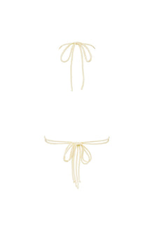 Cream ribbed bikini top with tie closures at neck and sides.