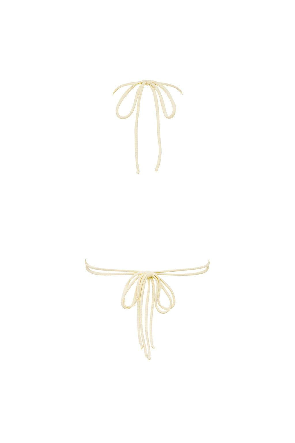 Cream ribbed bikini top with tie closures at neck and sides.