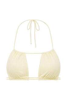Cream ribbed bikini top with halter neckline, adjustable tie straps, and gathered cup detail.