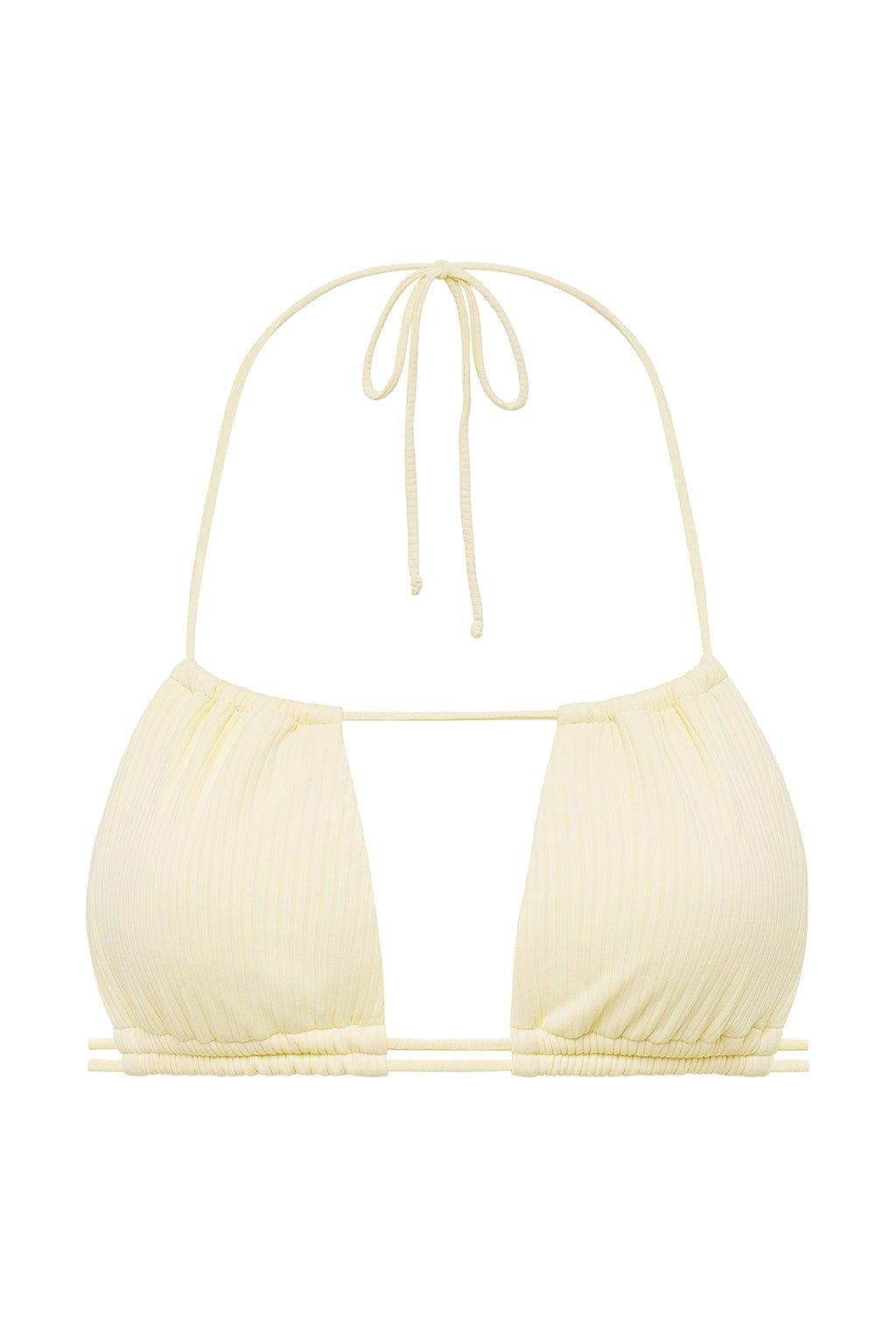 Cream ribbed bikini top with halter neckline, adjustable tie straps, and gathered cup detail.