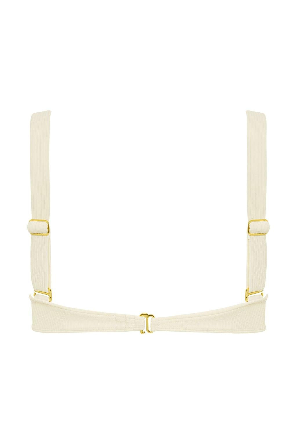 Cream ribbed bustier bikini top with gold hardware and adjustable straps.