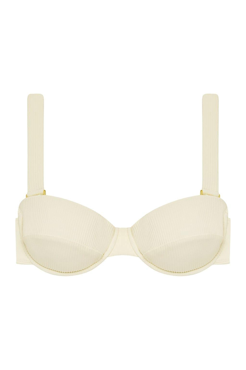 Cream ribbed bustier bikini top with underwire cups and adjustable shoulder straps.