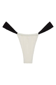 Cream terry rib bikini bottom with black binding on waistband and leg openings.