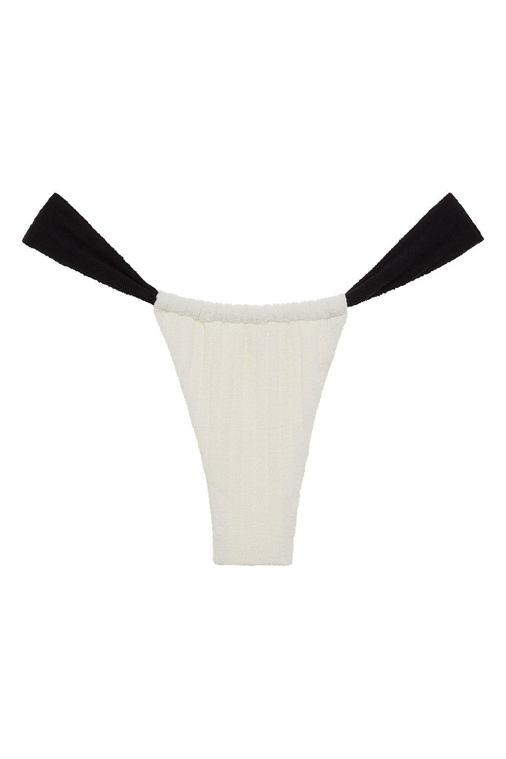 Cream terry rib bikini bottom with black binding on waistband and leg openings.