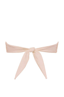 Cream bandeau bikini top with textured fabric and tie-front closure.