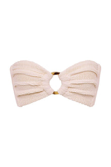 Cream textured bandeau bikini top with ruched fabric and gold hardware at center front.