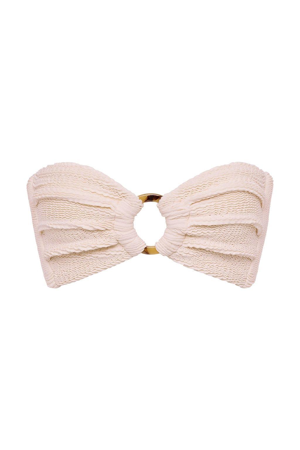 Cream textured bandeau bikini top with ruched fabric and gold hardware at center front.