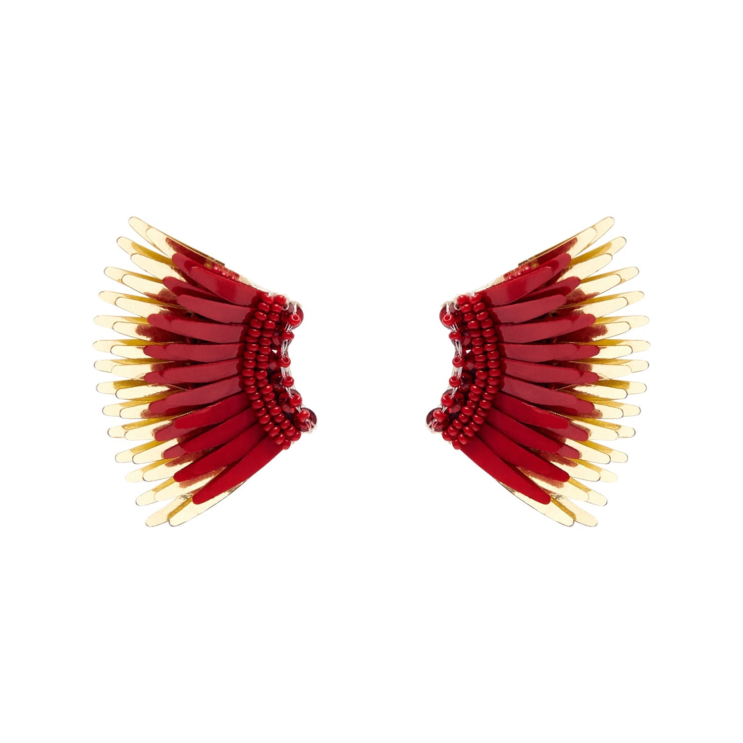 Crimson and Gold Sequin and Bead Wing Stud Earrings on Tan Background