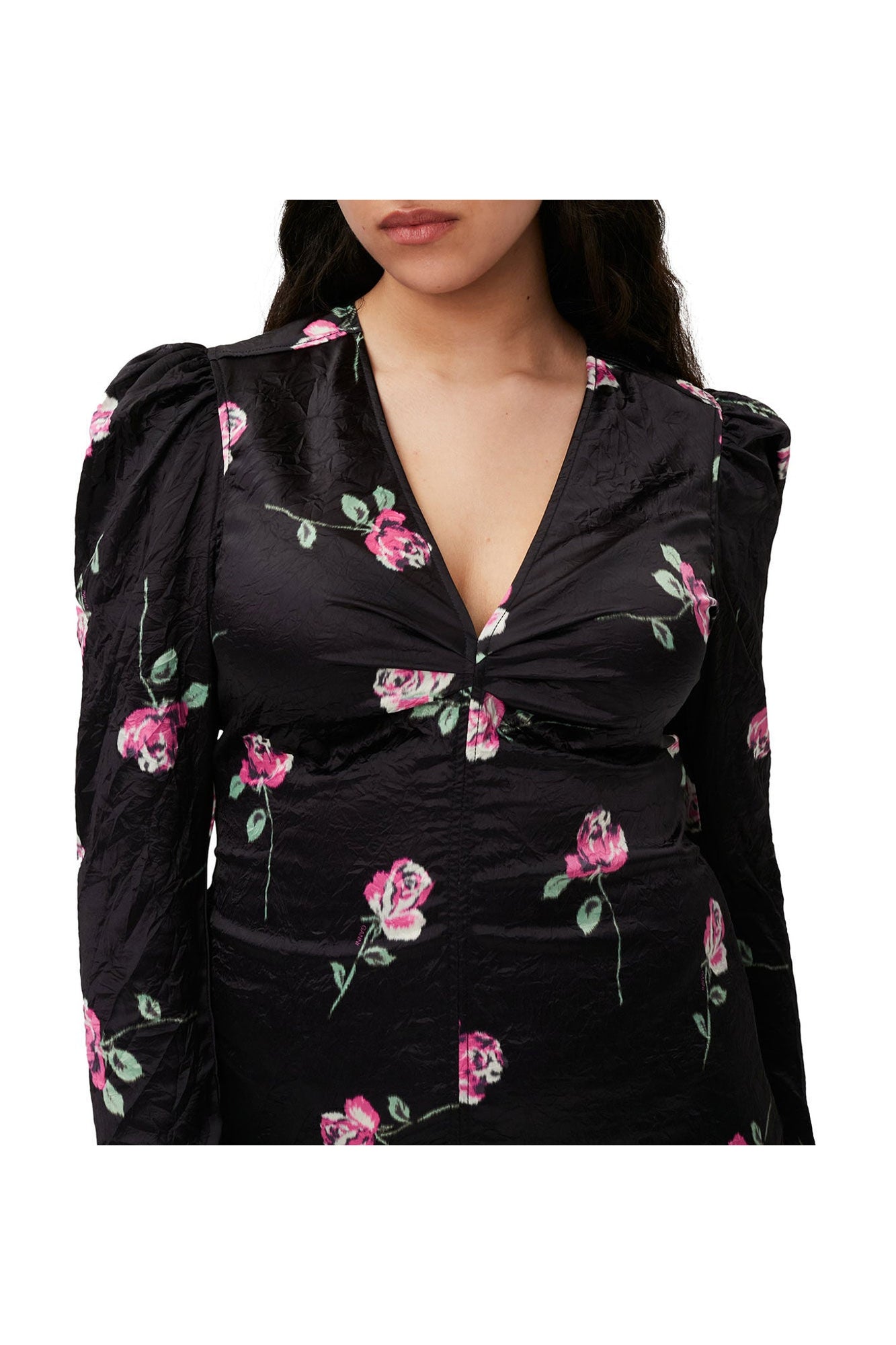Crinkled Satin V neck Mini Dress | Black