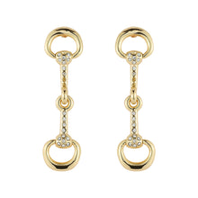 Gold and Crystal Horse Bit Drop Earrings on Flat White Background