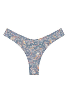 Blue bikini bottom with tan and burgundy paisley print and zig-zag stitched edges.