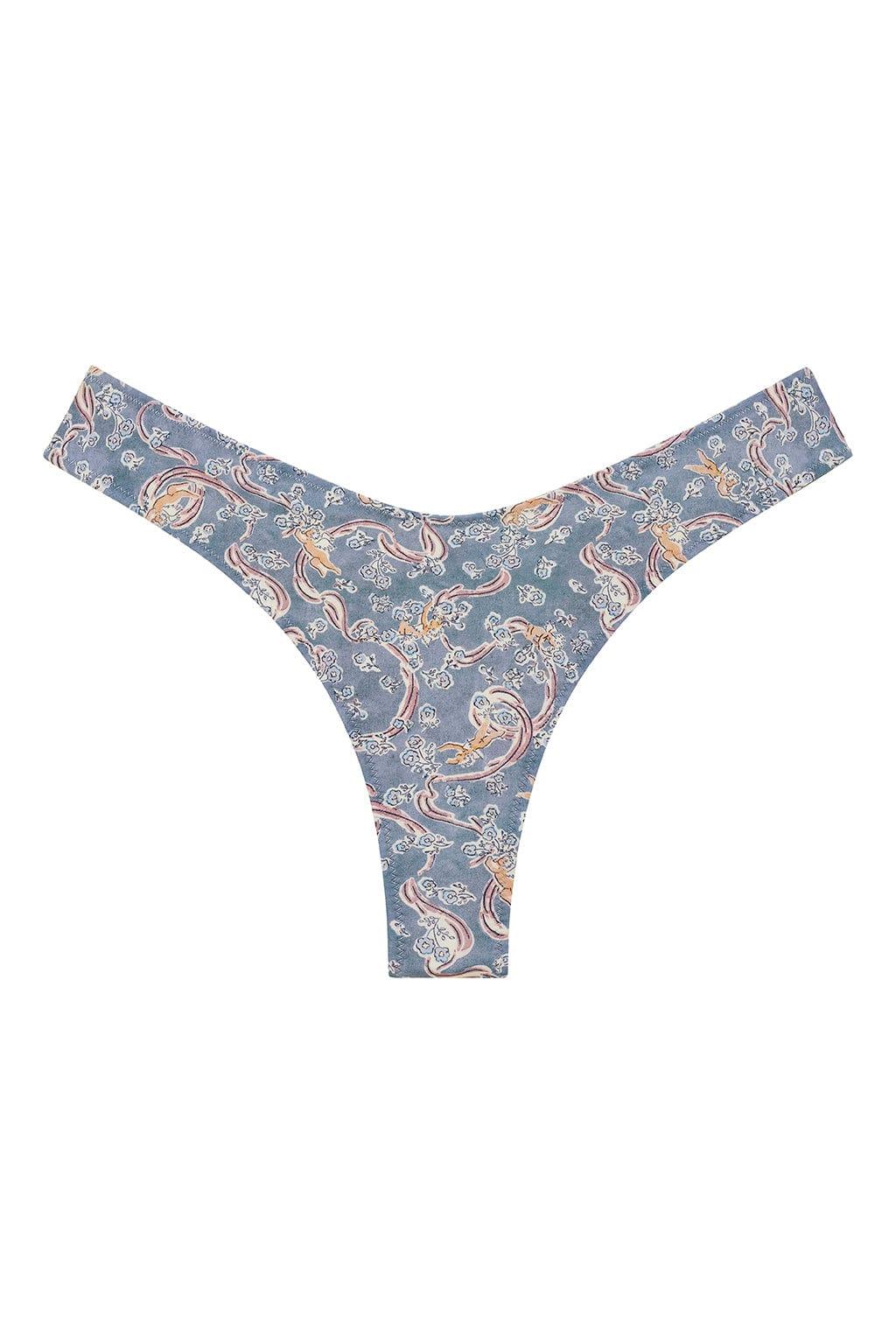 Blue bikini bottom with paisley and floral print in peach and cream tones, featuring wide side straps.