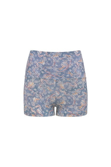 Blue micro bike short with tan and coral paisley and floral print throughout.