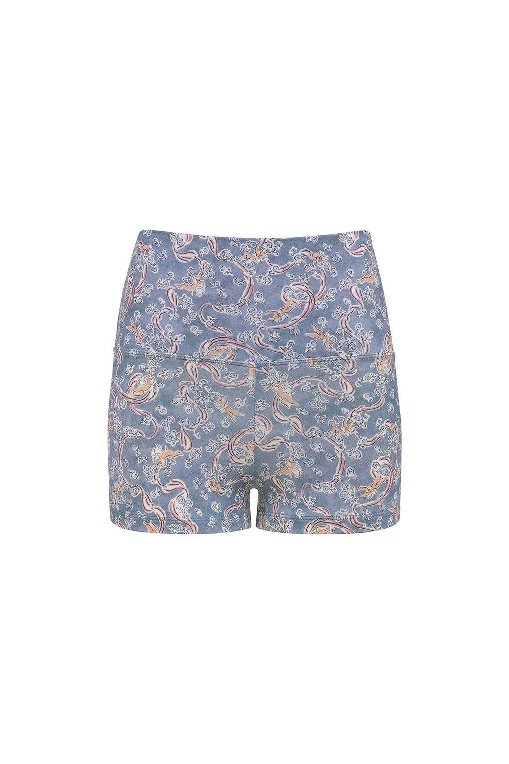 Blue micro bike short with tan and coral paisley and floral print throughout.