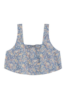 Blue crop top with paisley and floral print, square neckline, wide shoulder straps, and center front tie detail.